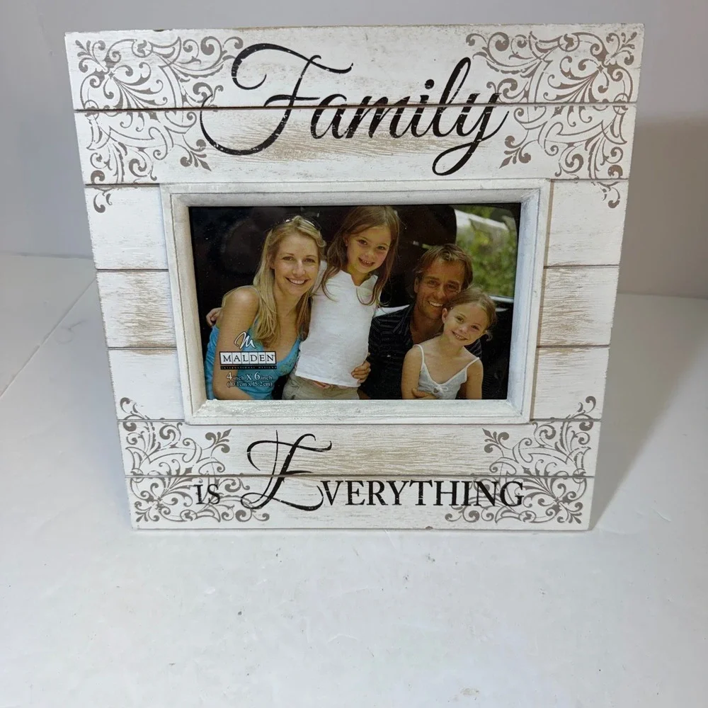 Malden Family is Everything 4x6 Picture Frame White Rustic Wood Plank Scrollwork